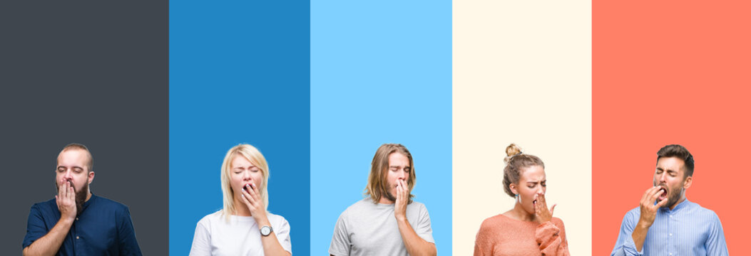 Collage of casual young people over colorful stripes isolated background bored yawning tired covering mouth with hand. Restless and sleepiness.