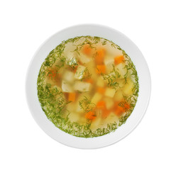Bowl of fresh homemade soup to cure flu on white background, top view