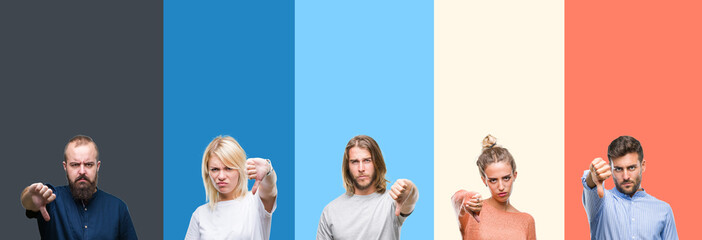 Collage of casual young people over colorful stripes isolated background looking unhappy and angry showing rejection and negative with thumbs down gesture. Bad expression.