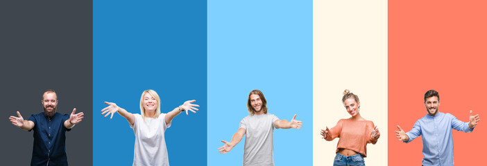 Collage of casual young people over colorful stripes isolated background looking at the camera...