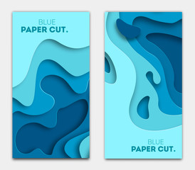 Paper cut design concept for flyers, presentations and posters. Vector abstract carving art. White and blue 3D layered vertical banners.