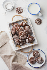 Chocolate brownie cookies in powdered sugar. Chocolate Crinkles.