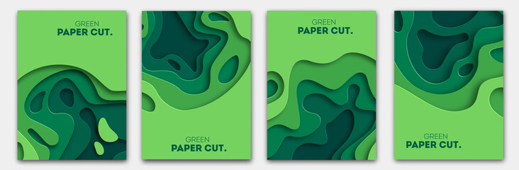 Banners set 3D abstract background, green paper cut shapes. Vector design layout for business presentations, flyers, posters and invitations. Carving art, environment and ecology elements