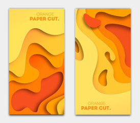 Banners templates with orange paper cut shapes. Bright autumn modern abstract design. Vector Illustration.