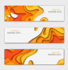 Naklejka premium Banners templates with orange paper cut shapes. Bright autumn modern abstract design. Vector Illustration.