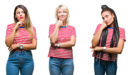 Obraz premium Collage of young women wearing stripes t-shirt over isolated background with hand on chin thinking about question, pensive expression. Smiling with thoughtful face. Doubt concept.