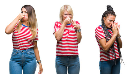 Collage of young women wearing stripes t-shirt over isolated background smelling something stinky and disgusting, intolerable smell, holding breath with fingers on nose. Bad smells concept.