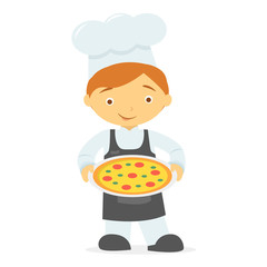 Cartoon smiling cook in uniform with pizza
