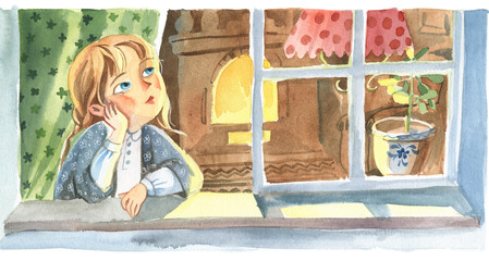 Watercolor  illustration. Front view of the little girl, who looks through the window to the street in the warm room with curtain and fireplase. The indors scene