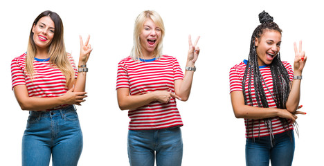 Obraz premium Collage of young women wearing stripes t-shirt over isolated background smiling with happy face winking at the camera doing victory sign. Number two.
