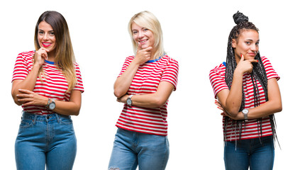 Fototapeta premium Collage of young women wearing stripes t-shirt over isolated background looking confident at the camera with smile with crossed arms and hand raised on chin. Thinking positive.