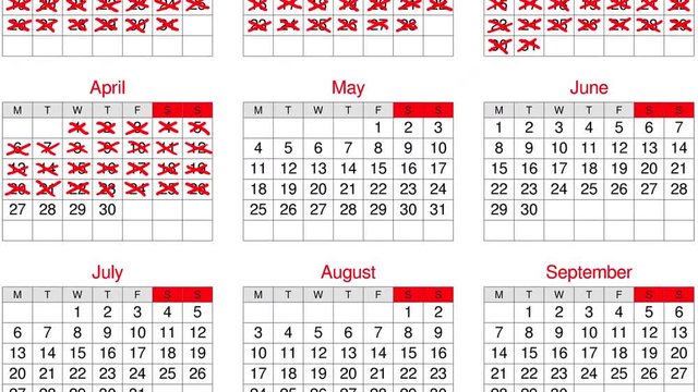 Track down stop motion animation of a calendar year showing days being crossed off.