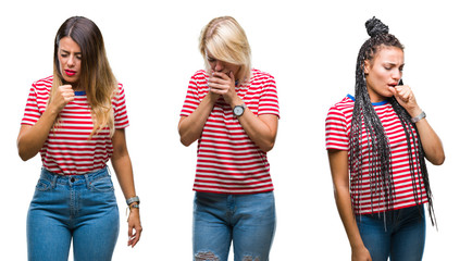 Fototapeta premium Collage of young women wearing stripes t-shirt over isolated background feeling unwell and coughing as symptom for cold or bronchitis. Healthcare concept.