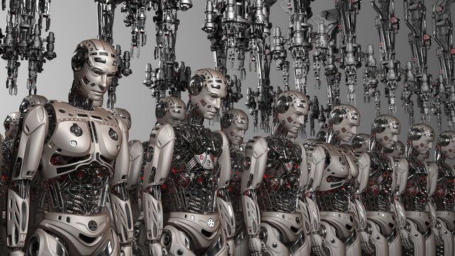 Futuristic Robot army or group of cyborgs standing in the factory with robotic arms upon their heads. Isolated on gray background. 3D Render.