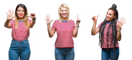 Obraz premium Collage of young women wearing stripes t-shirt over isolated background showing and pointing up with fingers number six while smiling confident and happy.