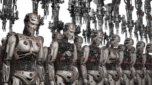 Futuristic Robot army or group of cyborgs standing in the factory with robotic arms upon their heads. Isolated on white background. 3D Render.
