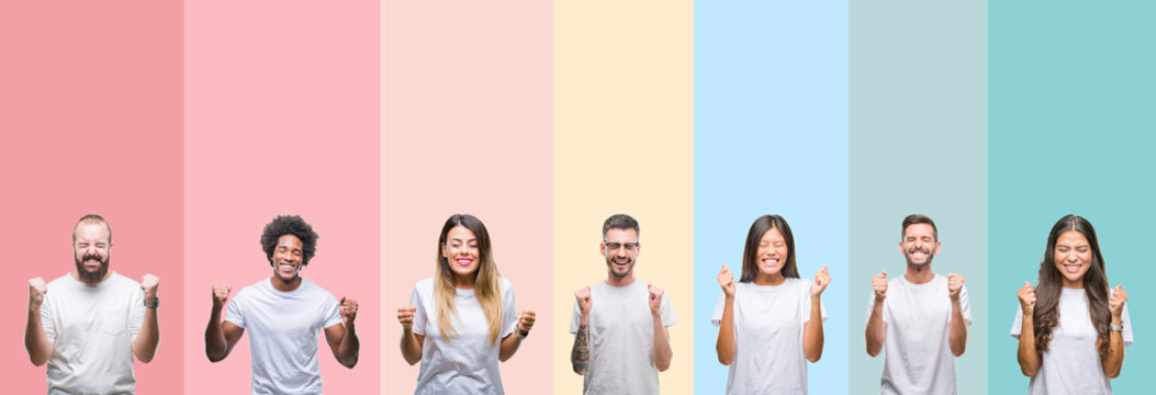 Collage Of Different Ethnics Young People Wearing White T-shirt Over Colorful Isolated Background Excited For Success With Arms Raised Celebrating Victory Smiling. Winner Concept.