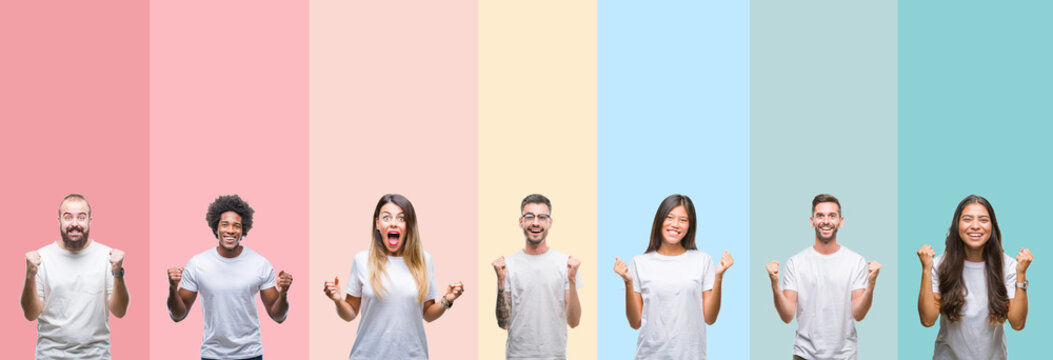 Collage of different ethnics young people wearing white t-shirt over colorful isolated background celebrating surprised and amazed for success with arms raised and open eyes. Winner concept.