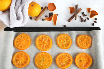 Preparation of dried orange by the recipe, step by step.Step three to dry the oranges. Dried Oranges Christmas decoration. Christmas composition.