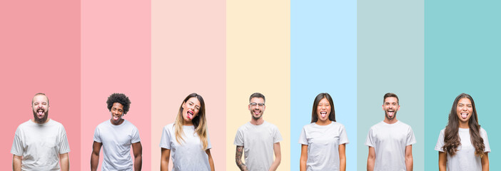 Collage of different ethnics young people wearing white t-shirt over colorful isolated background sticking tongue out happy with funny expression. Emotion concept.