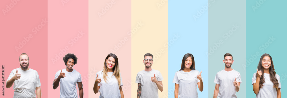 Sticker Collage of different ethnics young people wearing white t-shirt over colorful isolated background doing happy thumbs up gesture with hand. Approving expression looking at the camera showing success.