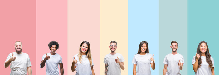 Collage of different ethnics young people wearing white t-shirt over colorful isolated background doing happy thumbs up gesture with hand. Approving expression looking at the camera showing success.