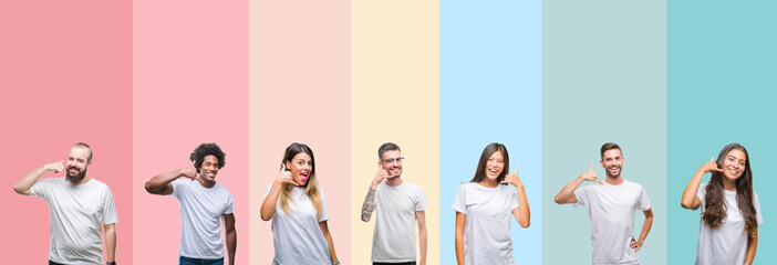 Collage of different ethnics young people wearing white t-shirt over colorful isolated background smiling doing phone gesture with hand and fingers like talking on the telephone