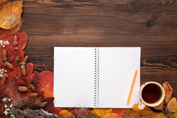 autumn leaves, cookies and paper notebook on wooden background