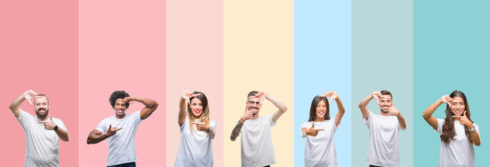 Collage of different ethnics young people wearing white t-shirt over colorful isolated background smiling making frame with hands and fingers with happy face. Creativity and photography concept.