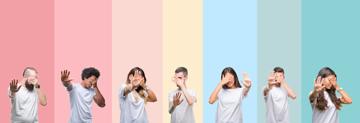 Collage of different ethnics young people wearing white t-shirt over colorful isolated background covering eyes with hands and doing stop gesture with sad and fear expression. Embarrassed