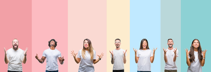 Collage of different ethnics young people wearing white t-shirt over colorful isolated background crazy and mad shouting and yelling with aggressive expression and arms raised. Frustration concept.
