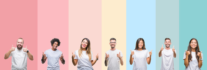 Collage of different ethnics young people wearing white t-shirt over colorful isolated background success sign doing positive gesture with hand, thumbs up smiling and happy. Looking at the camera