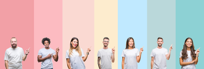 Collage of different ethnics young people wearing white t-shirt over colorful isolated background with a big smile on face, pointing with hand and finger to the side looking at the camera.