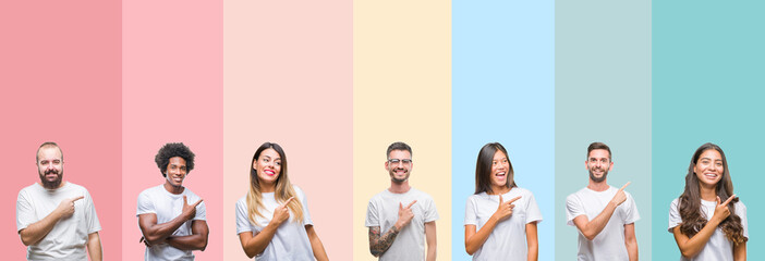 Collage of different ethnics young people wearing white t-shirt over colorful isolated background cheerful with a smile of face pointing with hand and finger up to the side with happy and natural