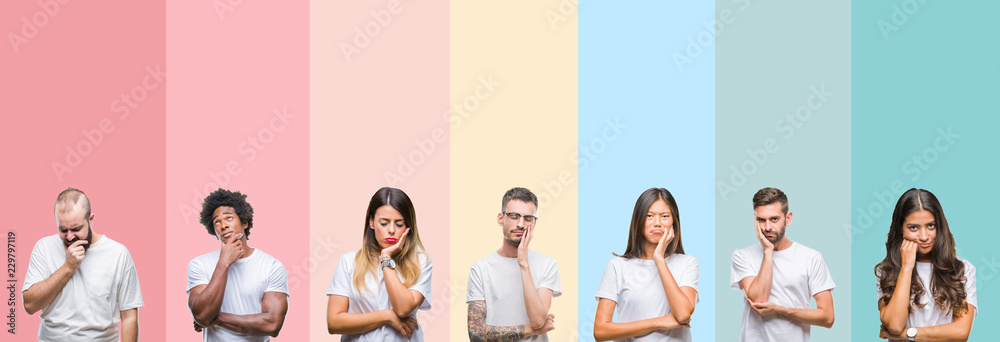 Wall mural collage of different ethnics young people wearing white t-shirt over colorful isolated background th