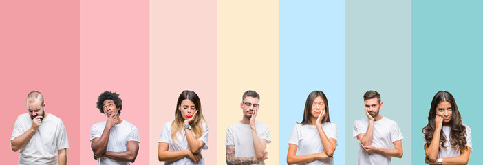 Collage of different ethnics young people wearing white t-shirt over colorful isolated background thinking looking tired and bored with depression problems with crossed arms.