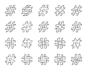 Hashtag charcoal draw line icons vector set
