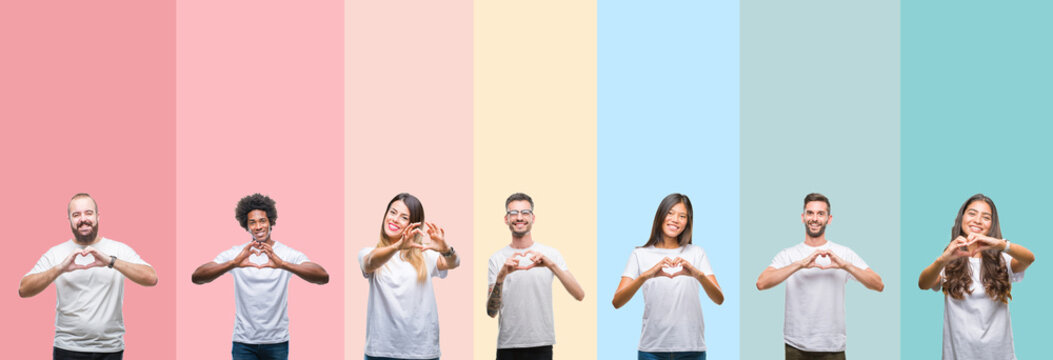Collage of different ethnics young people wearing white t-shirt over colorful isolated background smiling in love showing heart symbol and shape with hands. Romantic concept.