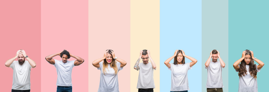 Collage of different ethnics young people wearing white t-shirt over colorful isolated background suffering from headache desperate and stressed because pain and migraine. Hands on head.