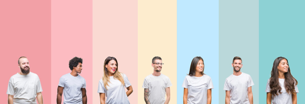 Collage of different ethnics young people wearing white t-shirt over colorful isolated background looking away to side with smile on face, natural expression. Laughing confident.