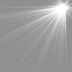 Vector transparent sunlight special lens flash light effect.front sun lens flash. Vector blur in the light of radiance. Element of decor. Horizontal stellar rays and searchlight.