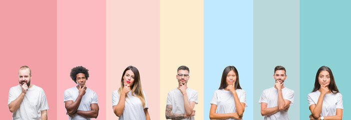 Collage of different ethnics young people wearing white t-shirt over colorful isolated background looking confident at the camera with smile with crossed arms and hand raised on chin