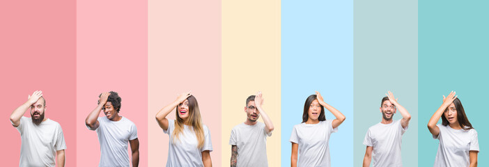 Collage of different ethnics young people wearing white t-shirt over colorful isolated background surprised with hand on head for mistake, remember error. Forgot, bad memory concept.