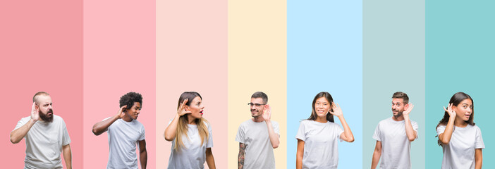 Collage of different ethnics young people wearing white t-shirt over colorful isolated background smiling with hand over ear listening an hearing to rumor or gossip. Deafness concept. - obrazy, fototapety, plakaty