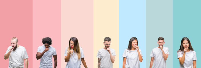 Collage of different ethnics young people wearing white t-shirt over colorful isolated background feeling unwell and coughing as symptom for cold or bronchitis. Healthcare concept.