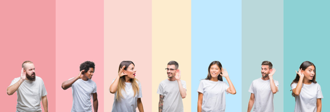 Collage of different ethnics young people wearing white t-shirt over colorful isolated background smiling with hand over ear listening an hearing to rumor or gossip. Deafness concept.