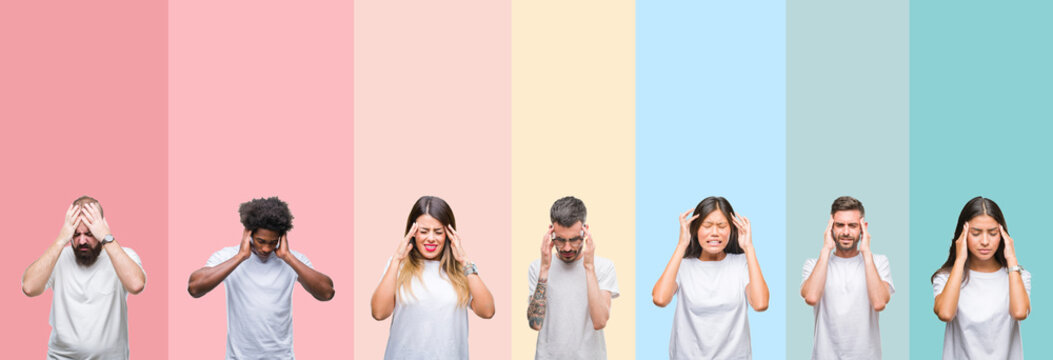 Collage of different ethnics young people wearing white t-shirt over colorful isolated background with hand on head for pain in head because stress. Suffering migraine.