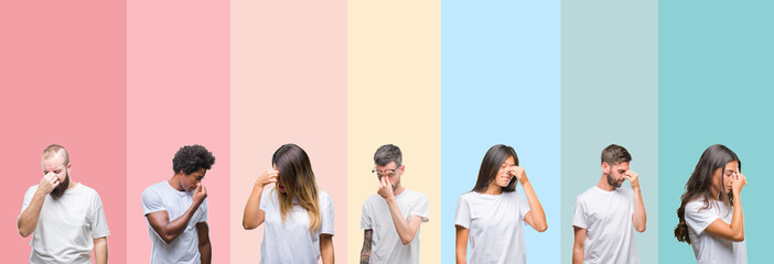 Collage of different ethnics young people wearing white t-shirt over colorful isolated background tired rubbing nose and eyes feeling fatigue and headache. Stress and frustration concept.