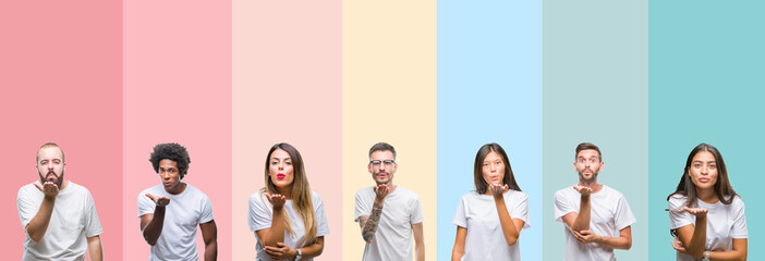 Collage of different ethnics young people wearing white t-shirt over colorful isolated background looking at the camera blowing a kiss with hand on air being lovely and sexy. Love expression.