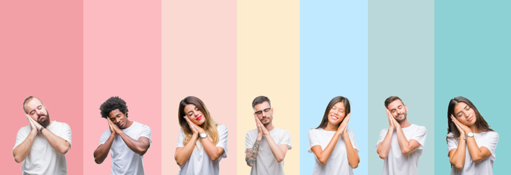 Collage of different ethnics young people wearing white t-shirt over colorful isolated background sleeping tired dreaming and posing with hands together while smiling with closed eyes.